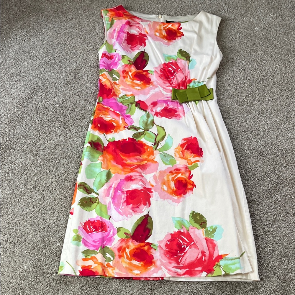 Tahari sz4 GORGEOUS Rose Floral Cotton Dress Chartreuse Ribbon Gathered Waist